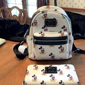 Disney Loungefly Mickey Mouse All Over Print Mini Backpack & Wallet Faux Leather